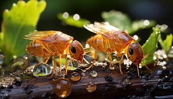 ai généré insecte proche en haut petit fourmi sur vert feuille généré par ai photo