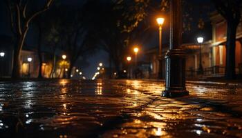 ai généré illuminé ville rue à crépuscule, reflétant sur humide asphalte généré par ai photo