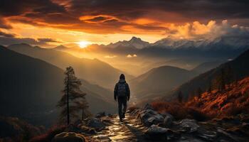 ai généré un la personne randonnée Montagne de pointe à lever du soleil généré par ai photo