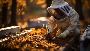 ai généré Hommes travail en plein air, protéger les abeilles avec gants généré par ai photo