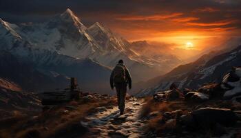 ai généré randonnée Hommes explorer majestueux Montagne de pointe à le coucher du soleil généré par ai photo