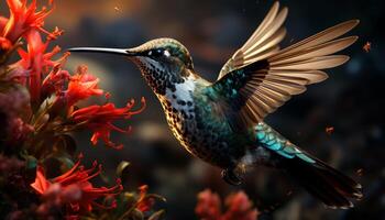 ai généré colibri en volant, vibrant couleurs, la nature beauté dans mouvement généré par ai photo