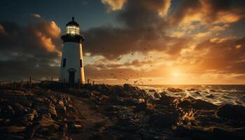 ai généré le coucher du soleil plus de le littoral, la nature beauté dans crépuscule généré par ai photo