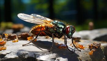 ai généré proche en haut de une petit Jaune abeille en volant généré par ai photo