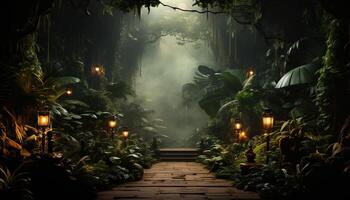 ai généré mystérieux nuit, foncé forêt, illuminé lanterne, effrayant aventure généré par ai photo