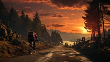 ai généré Hommes cyclisme dans le Montagne à le coucher du soleil généré par ai photo