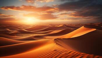 ai généré le coucher du soleil plus de le majestueux le sable dunes, une tranquille scène généré par ai photo