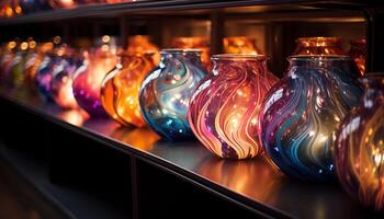 ai généré multi coloré vase sur table dans illuminé bar généré par ai photo