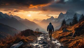 ai généré un la personne randonnée dans le Montagne de pointe généré par ai photo