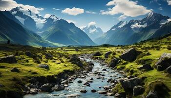 ai généré majestueux Montagne de pointe reflète tranquille bleu l'eau généré par ai photo