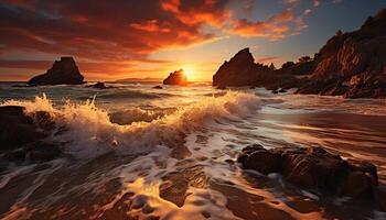 ai généré majestueux le coucher du soleil plus de tranquille des eaux, érodé Roche généré par ai photo