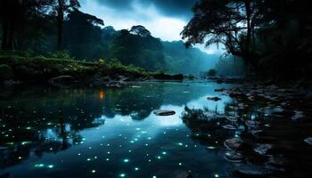 ai généré tranquille scène de une vert forêt reflétant dans l'eau généré par ai photo