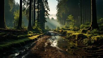 ai généré tranquille scène de une brumeux forêt dans l'automne généré par ai photo