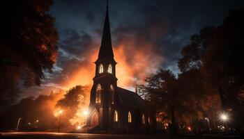 ai généré vieux chapelle illuminé par coucher de soleil, majestueux gothique architecture généré par ai photo