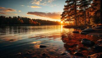 ai généré le coucher du soleil plus de le tranquille étang, reflétant vibrant l'automne couleurs généré par ai photo