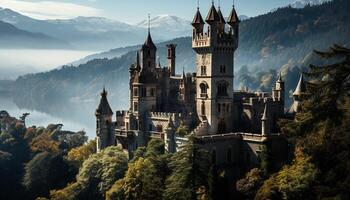 ai généré majestueux médiéval chapelle dans brouillard, entouré par la nature généré par ai photo