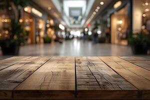 ai généré floue centre commercial scène derrière en bois table photo