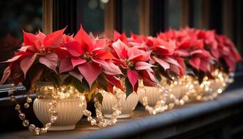 ai généré hiver fête poinsettia fleur décore le intérieur table généré par ai photo