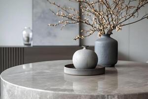 ai généré marbre pierre arrondi dessus de la table avec moderne appartement intérieur photo