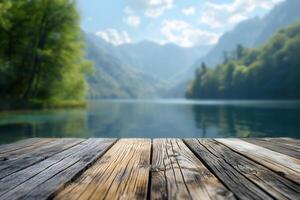 ai généré en bois planche premier plan avec brouiller de magnifique Lac photo