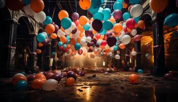 ai généré joyeux fête avec vibrant couleurs et en volant des ballons généré par ai photo