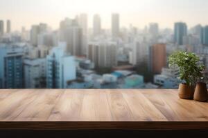 ai généré vide dessus de la table avec Urbain vue brouiller Contexte photo