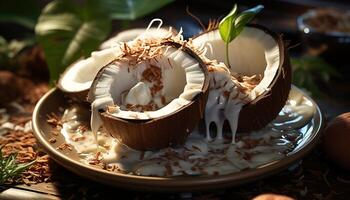 ai généré fraîcheur et la nature dans une tropical noix de coco dessert généré par ai photo