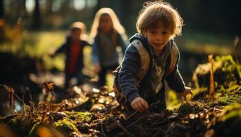 ai généré souriant enfant jouit l'automne en plein air avec famille généré par ai photo