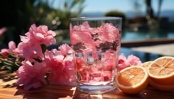 ai généré rafraîchissant été cocktail sur en bois table avec fleurs généré par ai photo