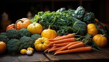 ai généré fraîcheur de l'automne des légumes sur rustique en bois table généré par ai photo