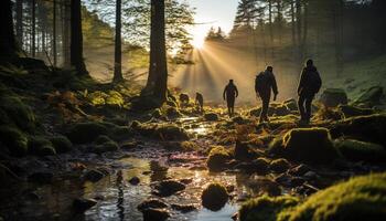 ai généré Hommes et femmes en marchant dans le l'automne forêt généré par ai photo