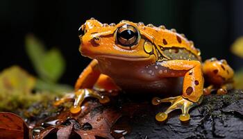 ai généré Jaune crapaud séance sur feuille dans forêt généré par ai photo