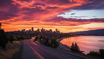 ai généré ville horizon à crépuscule reflète dans calme l'eau généré par ai photo