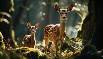 ai généré mignonne Jeune cerf à la recherche à caméra dans forêt généré par ai photo