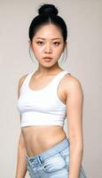 ai généré photo de magnifique Jeune asiatique femme avec surgir blanc Haut et jeans permanent à blanc toile de fond, génératif ai