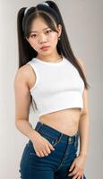 ai généré photo de magnifique Jeune asiatique femme avec surgir blanc Haut et jeans permanent à blanc toile de fond, génératif ai