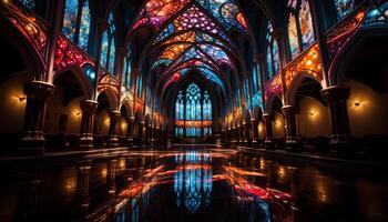 ai généré gothique cathédrale, histoire, religion, spiritualité, illuminé fenêtre généré par ai photo