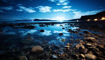 ai généré tranquille scène, réflexion sur eau, le coucher du soleil plus de littoral généré par ai photo