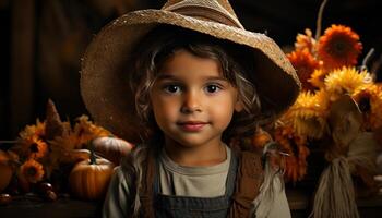 ai généré souriant enfant en portant citrouille, profiter l'automne fête généré par ai photo