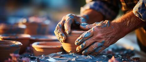 ai généré artisan façonner poterie sur roue photo