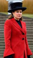 ai généré photo de magnifique Dame L'Europe  femme avec rouge manteau et chapeau permanent à jardin, génératif ai