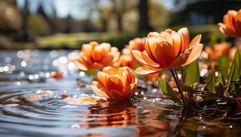 ai généré vibrant tulipe reflète beauté dans la nature tranquillité généré par ai photo