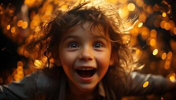 ai généré souriant enfant profiter espiègle hiver nuit en dessous de arbre généré par ai photo