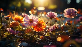 ai généré vibrant Marguerite fleurs dans une Prairie à le coucher du soleil généré par ai photo