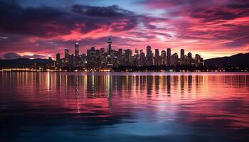 ai généré paysage urbain à crépuscule, reflétant le coucher du soleil sur grattes ciels généré par ai photo