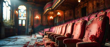 ai généré pourri et en lambeaux rose des places dans un abandonné théâtre se prélasser dans le nostalgie de passé grandeur photo