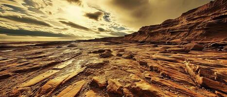 ai généré rocheux paysage avec rochers et l'eau en dessous de une nuageux ciel photo