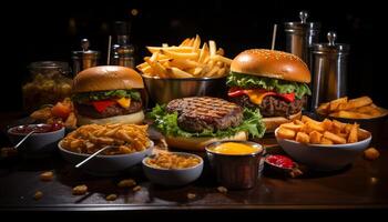 ai généré grillé Viande, cheeseburger, frites, et rafraîchissant boisson généré par ai photo