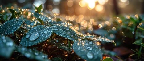 ai généré de bonne heure Matin rosée s'accroche à vibrant vert feuilles contre le toile de fond de une lever du soleil bokeh photo