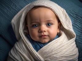 ai généré mignonne peu Nouveau née bébé garçon bleu yeux portrait arrière-plan, adorable tout-petit, fond d'écran, photo